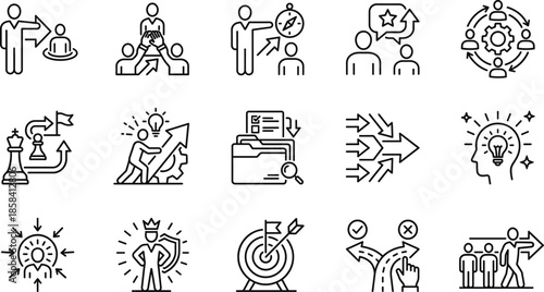 Leadership management line icons set, teamwork strategy direction decision making growth motivation minimal outline vector for business apps design