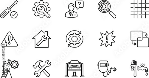 Maintenance repair line icons set, tools service fixing troubleshooting construction minimal outline vector for industrial apps design