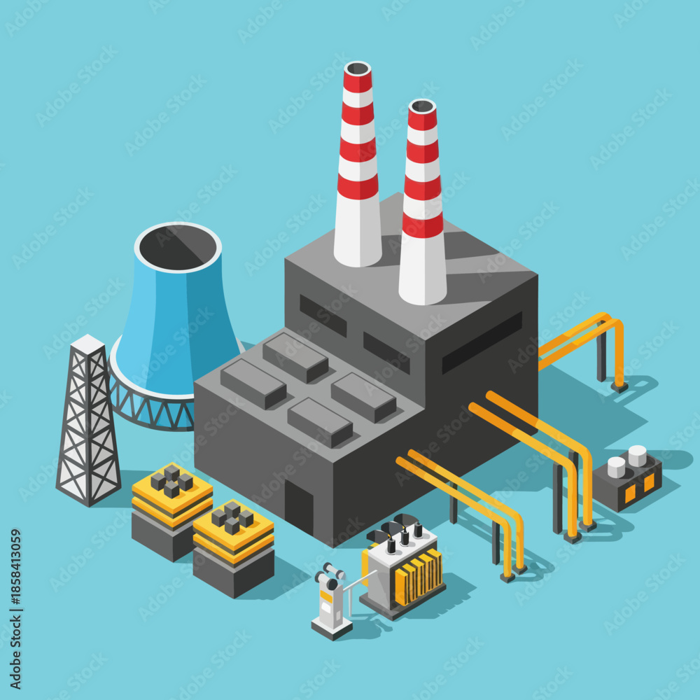 Obraz premium Isometric Illustration of Industrial Power Plant Facility.