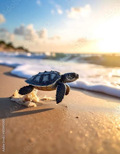 Small sea turtle hatchling hurries towards the ocean waves on a sunny, sandy beach during a vibrant sunset