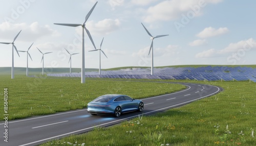 A bright 3d rendering of a sleek blue electric car driving on a winding road through a green field, surrounded by wind turbines and solar panels, symbolizing clean energy.