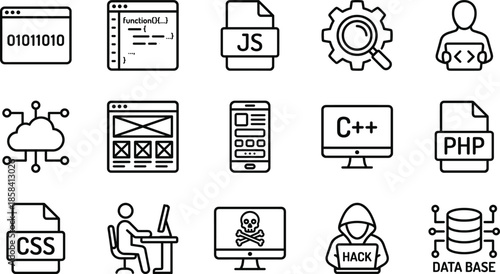 Programming development line icons set, coding software web developer cybersecurity database cloud minimal outline vector for tech apps design