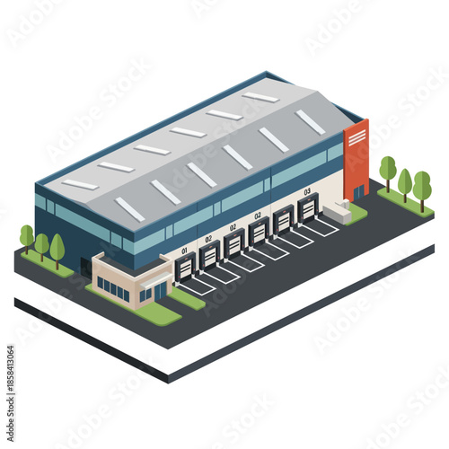 Modern Industrial Building with Parking Lot.