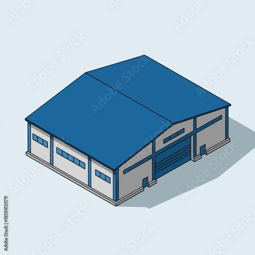 Blue Industrial Building with Garage Door.