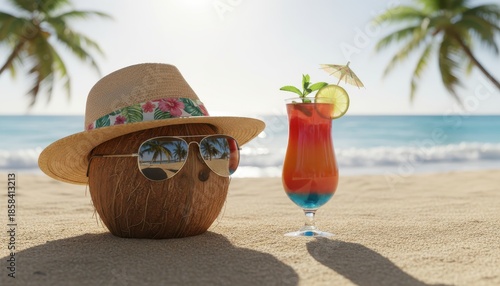 A happy, sunglasses-wearing coconut character relaxes next to a vibrant layered cocktail in a bright 3d rendering on a sunny tropical beach.