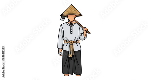 Farmer with Hoe and Asian Conical Hat Traditional Clothing.