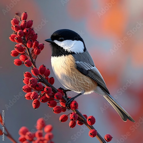 Small bird perched on a berry branch, with warm, soft background hues of red and orange
