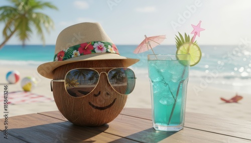 A cheerful 3d rendered coconut character, wearing sunglasses and a straw hat, is relaxing and enjoying a bright blue tropical cocktail on a sunny sandy beach.