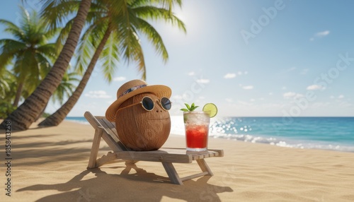 A cheerful coconut character in a straw hat relaxes on a wooden chair with a red cocktail in this bright, photorealistic 3d render set on a tropical sandy beach.