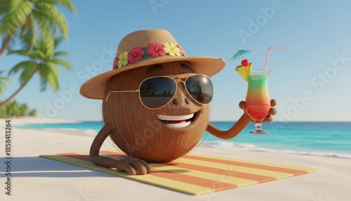 A cheerful 3d rendered coconut mascot, wearing a straw hat and sunglasses, enjoys a vibrant tropical cocktail while sunbathing happily on a bright sandy beach.