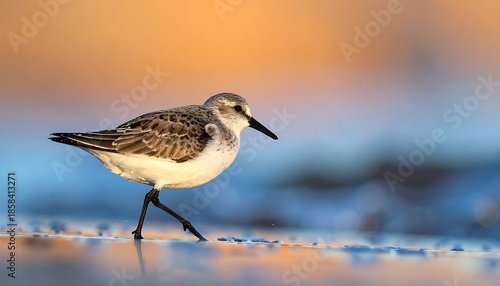 Small shorebird strides across wet sand. Background blurs blue into orange
