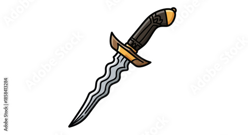 Stylized Wavy Blade Dagger with Dark Handle and Gold Guard.