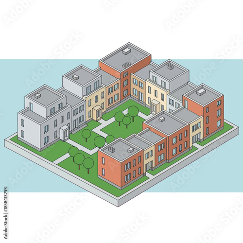 3D rendering of a residential complex with multiple buildings and green spaces.