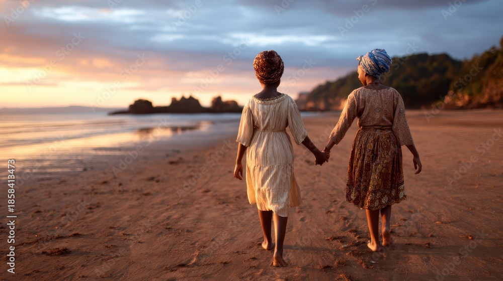Fototapeta premium Two young sisters stroll hand in hand along the beach during sunset, showcasing their close bond and the joy of togetherness against a stunning coastal backdrop.
