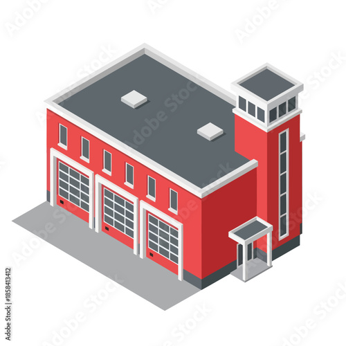 Fire Station Building Isometric Illustration.