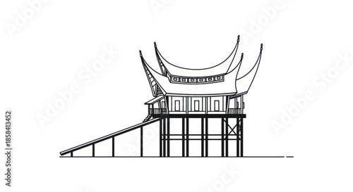 Traditional Toraja House Illustration with Distinctive Curved Roof.
