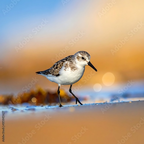 Small shorebird struts on a wet beach, blurred yellow and blue hues create a vibrant, airy background