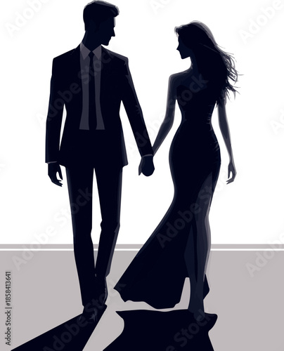 Create a Full body backlight photo of a stylish and elegant couple walking hand in hand, vector art with white background.