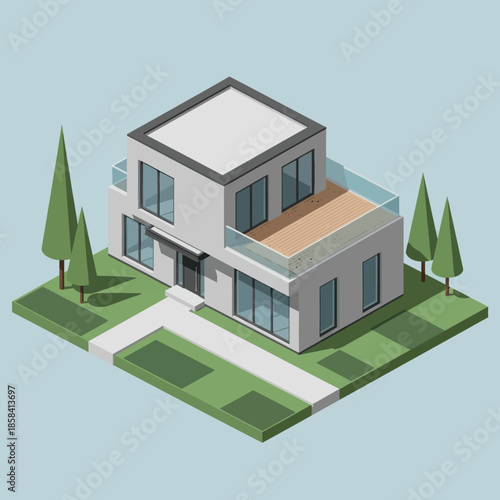 Modern 3D House Illustration with Green Lawn.