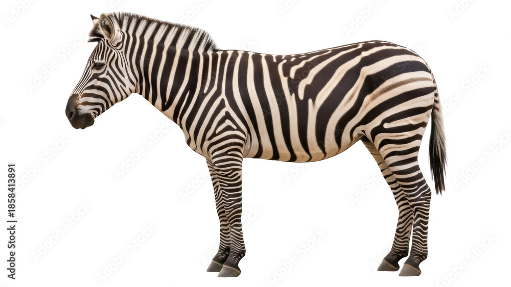 Obraz premium Isolated zebra standing still in full side profile, a striking African animal portrait