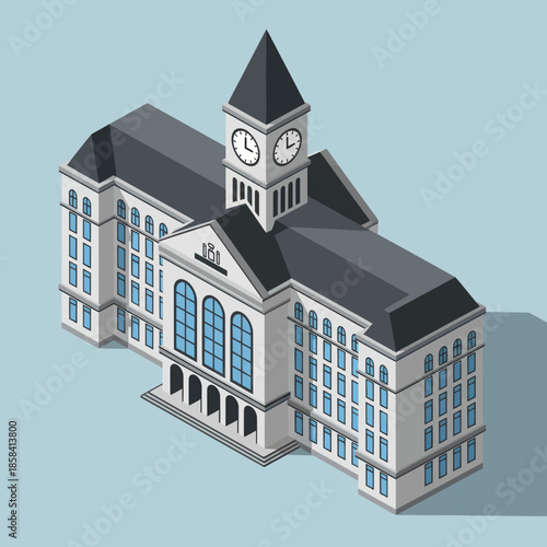 School Building with Clock Tower.