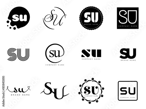 SU logo company template. Letter s and u logotype. Set different classic serif lettering and modern bold text with design elements. Initial font typography.