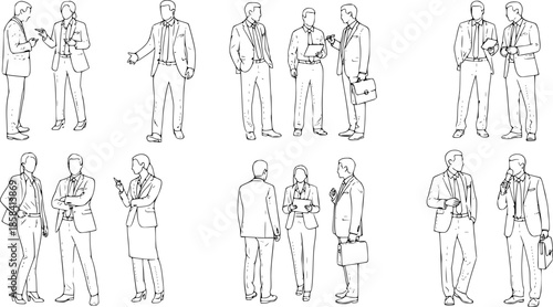 CAD Drawings. Set business people outlines isolated on white background. Walking, standing, talking etc. Vector illustration.
