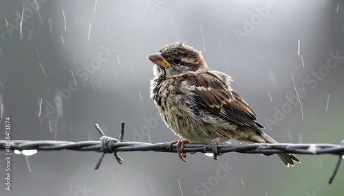 Small bird perched on barbed wire in rain, textured plumage, wet