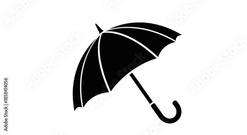 Black Silhouette of an Open Umbrella with Curved Handle.