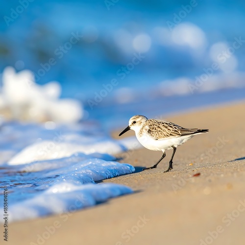 Small bird stands on a sandy beach with waves gently lapping against the shore