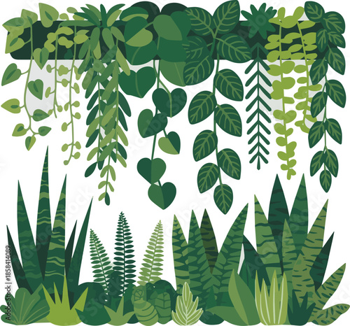 Create a Green decorative wall with different green plants, rendered cut out image vector art with white background.