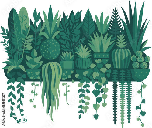 Create a Green decorative wall with different green plants, rendered cut out image vector art with white background.