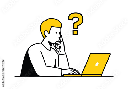 Man ponders question while using laptop\Flat Vector Illustration - Vector stock illustration - Technology stock illustration - Business stock illustration - website stock illustration