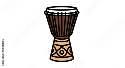 Cartoon Illustration of a Brown Djembe Drum with Decorative Details.