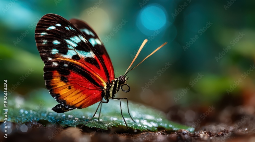 Fototapeta premium A stunning close-up of a vibrant butterfly delicately resting on a green leaf, showcasing nature's beauty, colors, and the wonder of wildlife in a tranquil environment.