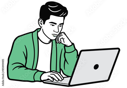 Young man working on laptop\Flat Vector Illustration - Vector stock illustration - Technology stock illustration - Business stock illustration - website stock illustration