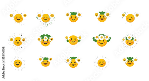 Collection of happy daisy emoji faces and flower characters on a black background.