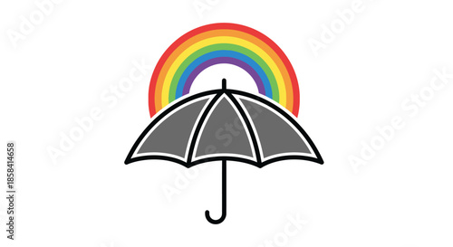 A gray umbrella shields against a vibrant rainbow arc.