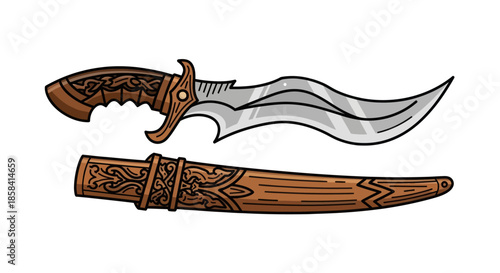 Ornate Curved Dagger with Sheath Detailed Metal and Wood Design.