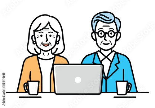 Elderly couple using laptop\Flat Vector Illustration - Vector stock illustration - Technology stock illustration - Business stock illustration - website stock illustration