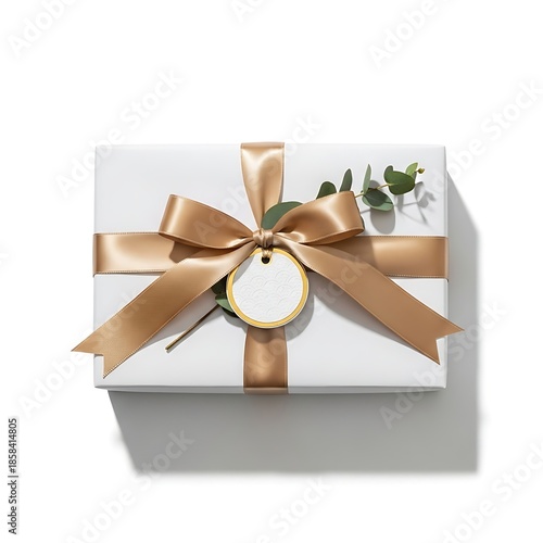 A red and golden gift box with a ribbon bow on a blank greeting card for a Christmas, birthday, or holiday celebration surprise