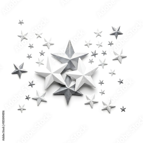 3D silver Christmas star illustration on a white paper texture background featuring a festive holiday vector design element for a celebration backdrop