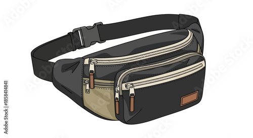 Black and Khaki Fanny Pack with Multiple Zippered Compartments.