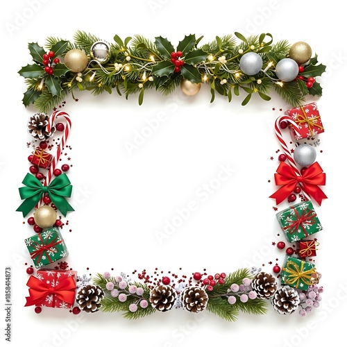 Merry Christmas holiday frame and wreath featuring green fir branches with red holly berries, pine tree needles, and winter season decorations for a festive New Year celebration card design