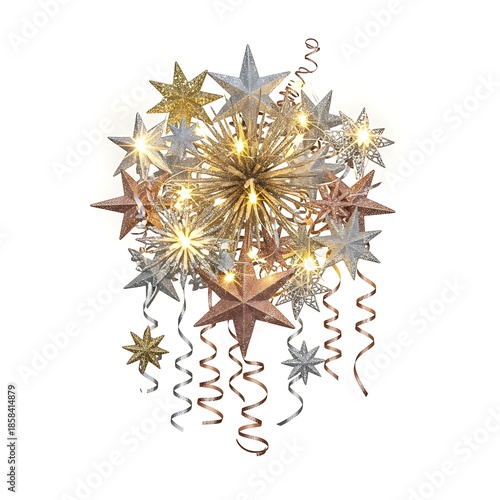 Golden christmas star decoration and holiday ornament with a winter snowflake pattern on a white background featuring a golden season celebration design