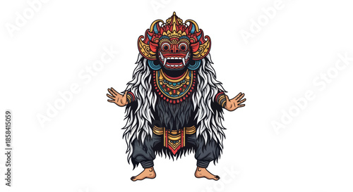Detailed Illustration of a Balinese Barong Masked Figure.
