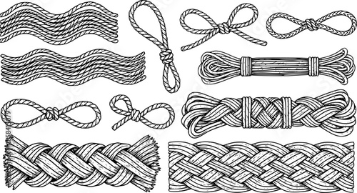 Wavy rope curve set. Repeating hemp cord stripes collection. Wavy loop tie braid bundle. Seamless black and white plait pattern. Vector marine twine design elements for banner, poster, frame, border.