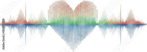 Multi colored halftone pattern from red, green, blue dots. Modern design rhythm of heart. Spectrum of sound wave, audio waveform. Abstract dotted ornament isolated on white background.
