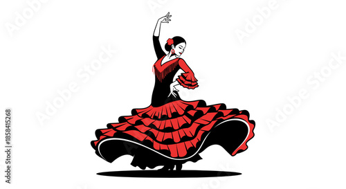 Passionate Flamenco Dancer in Red Ruffled Dress Illustration.