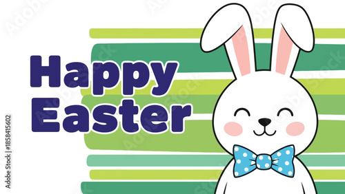 A cute cartoon bunny with a blue bowtie wishes you a Happy Easter with a green striped background.